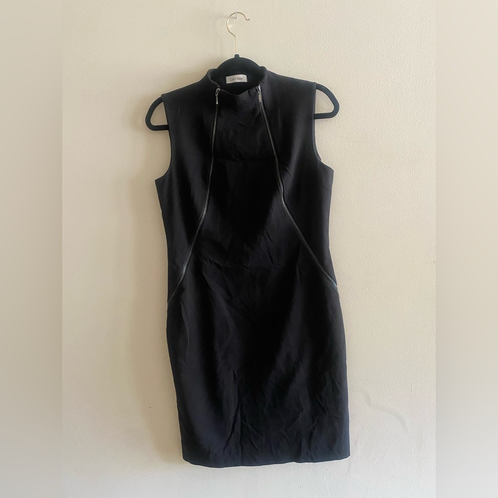 Calvin Klein Black High Neck Double Zipper Sleeveless Sheath Dress Size 6